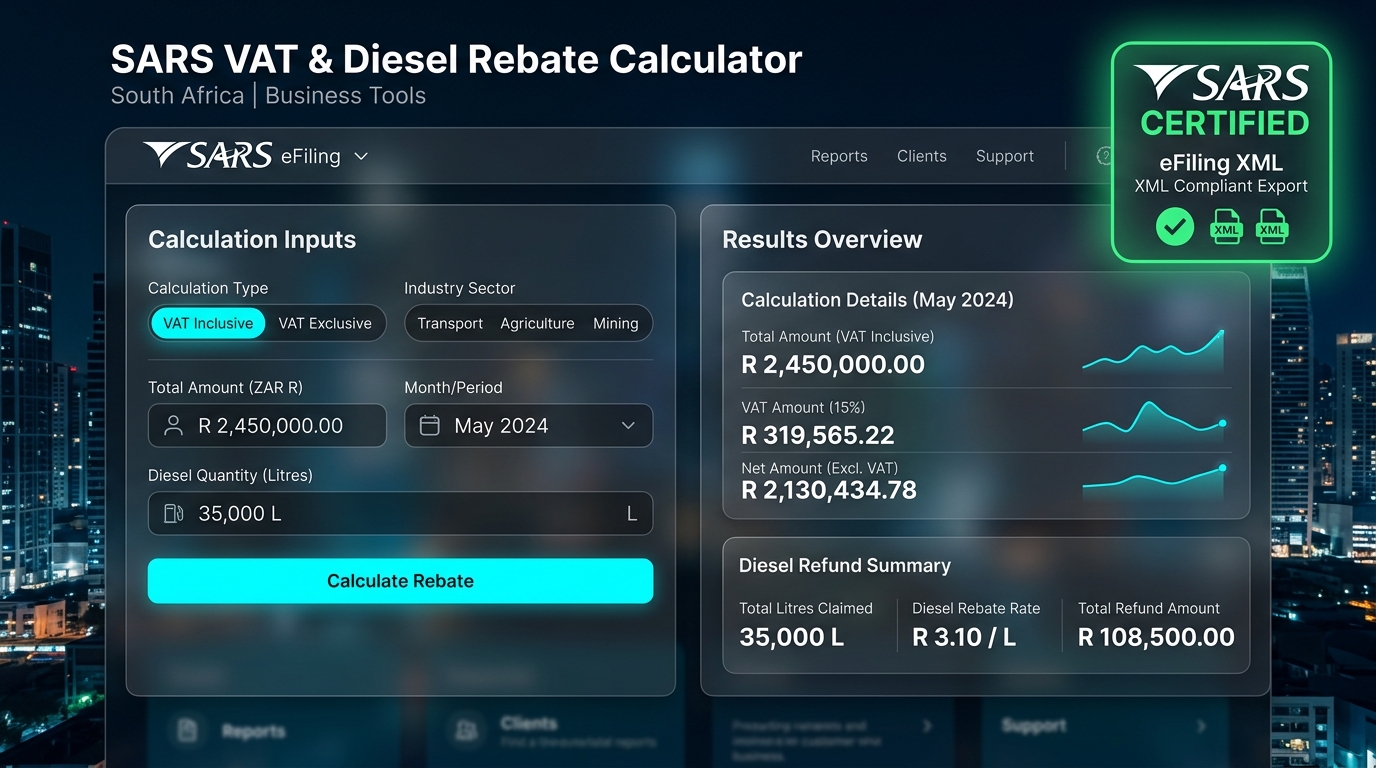 Free SARS 15% VAT & Diesel Rebate Calculator