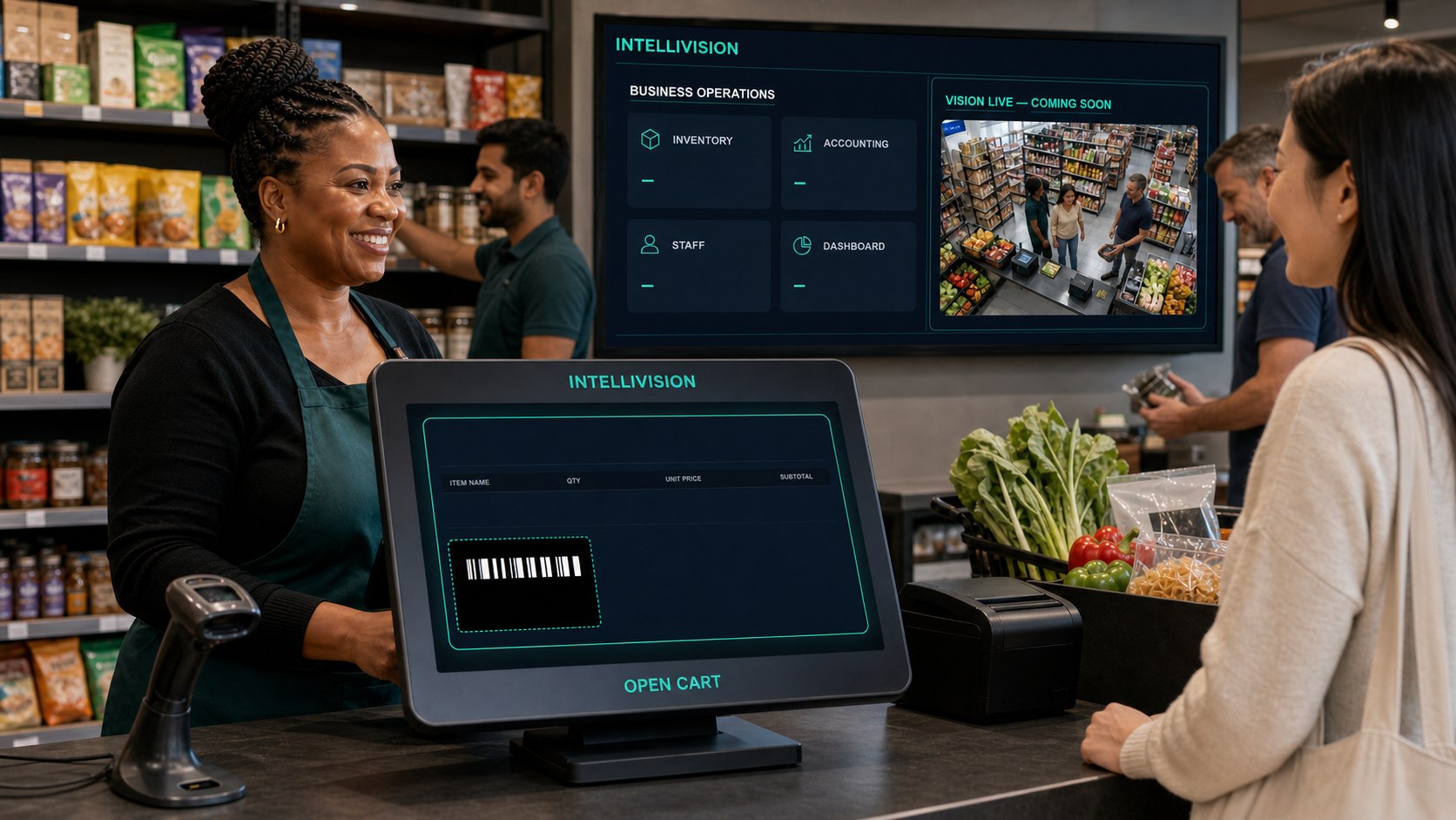 IntelliVision retail point of sale, business operations and Vision Live coming-soon concept in a multiracial global-English store