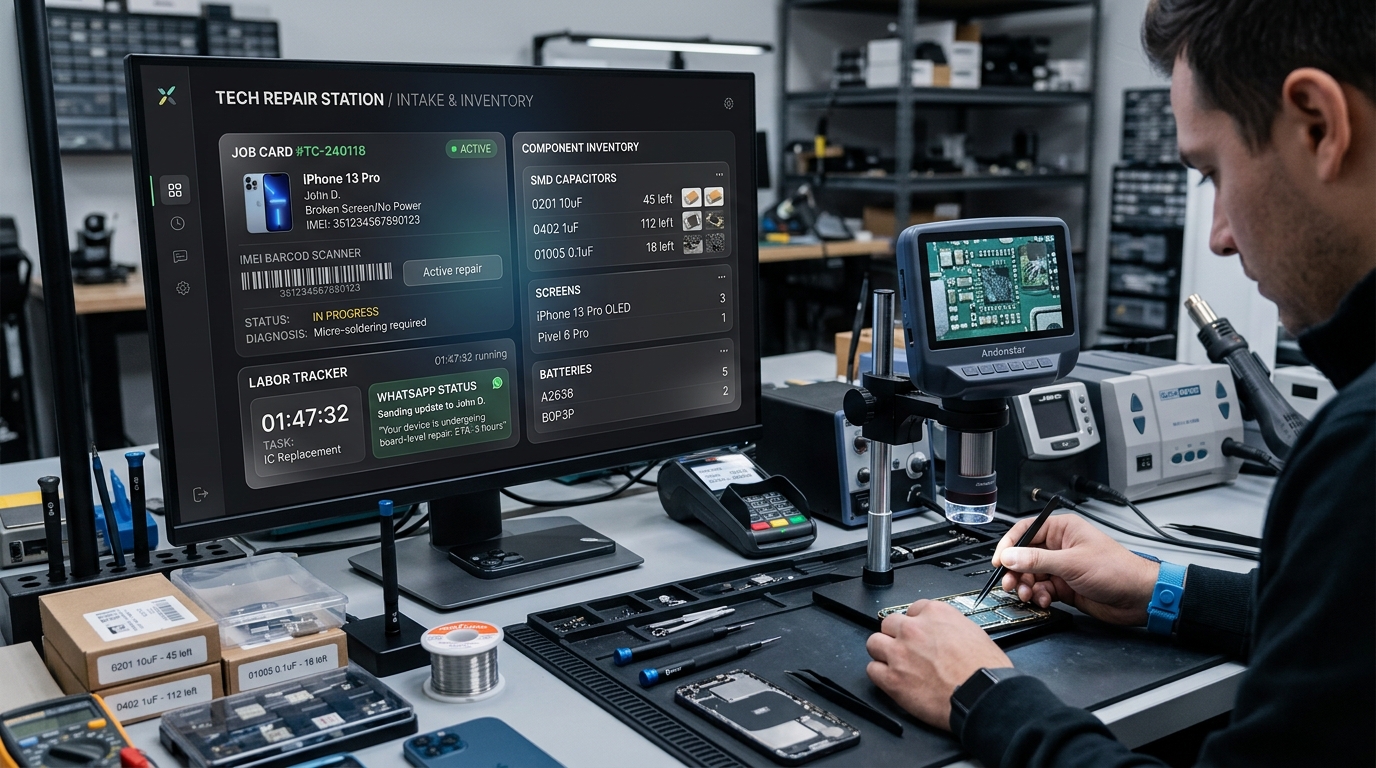 Electronics repair job-card workspace